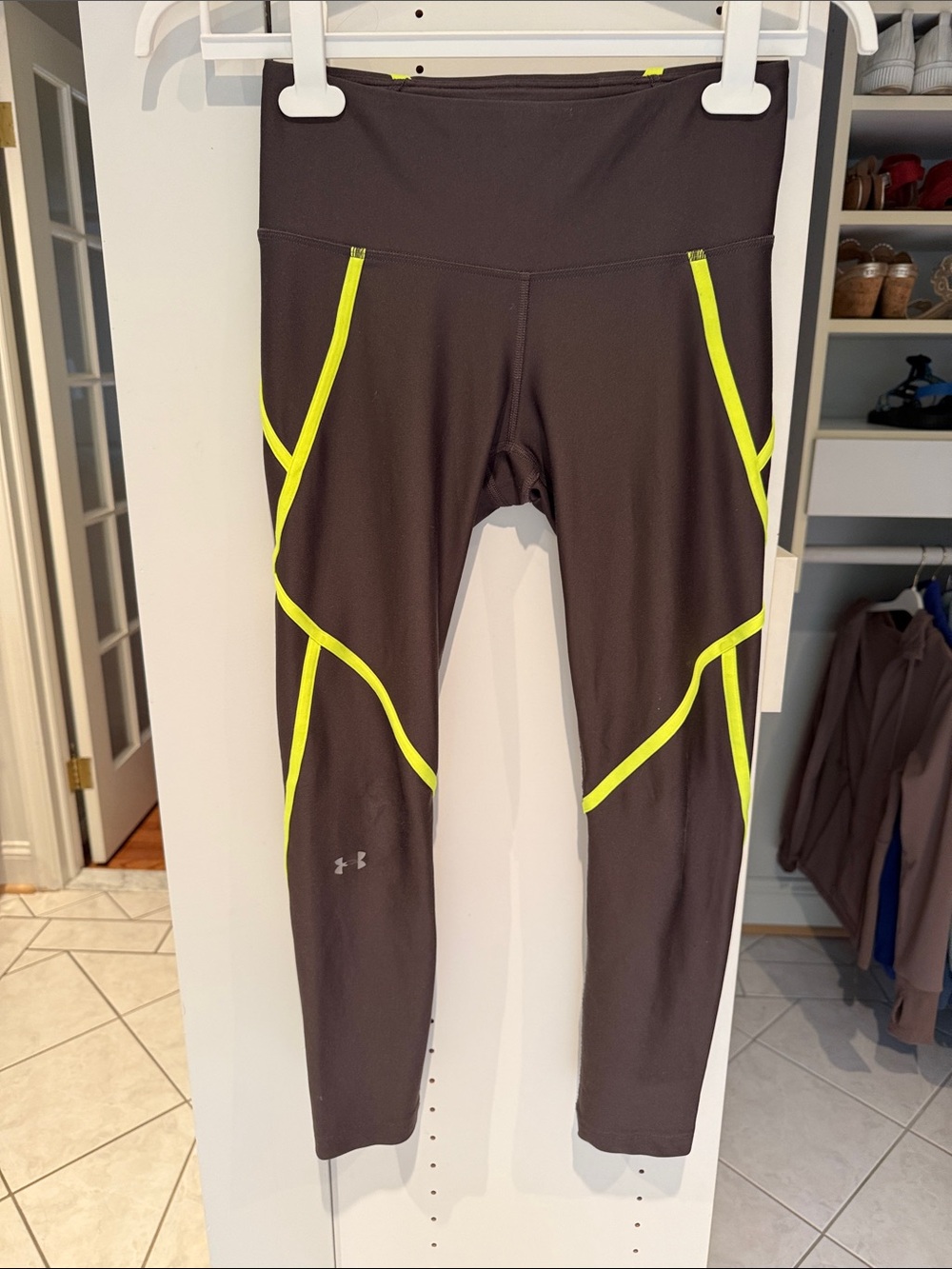 Under Armour olive green/ brown Leggings with Neon Yellow Accent